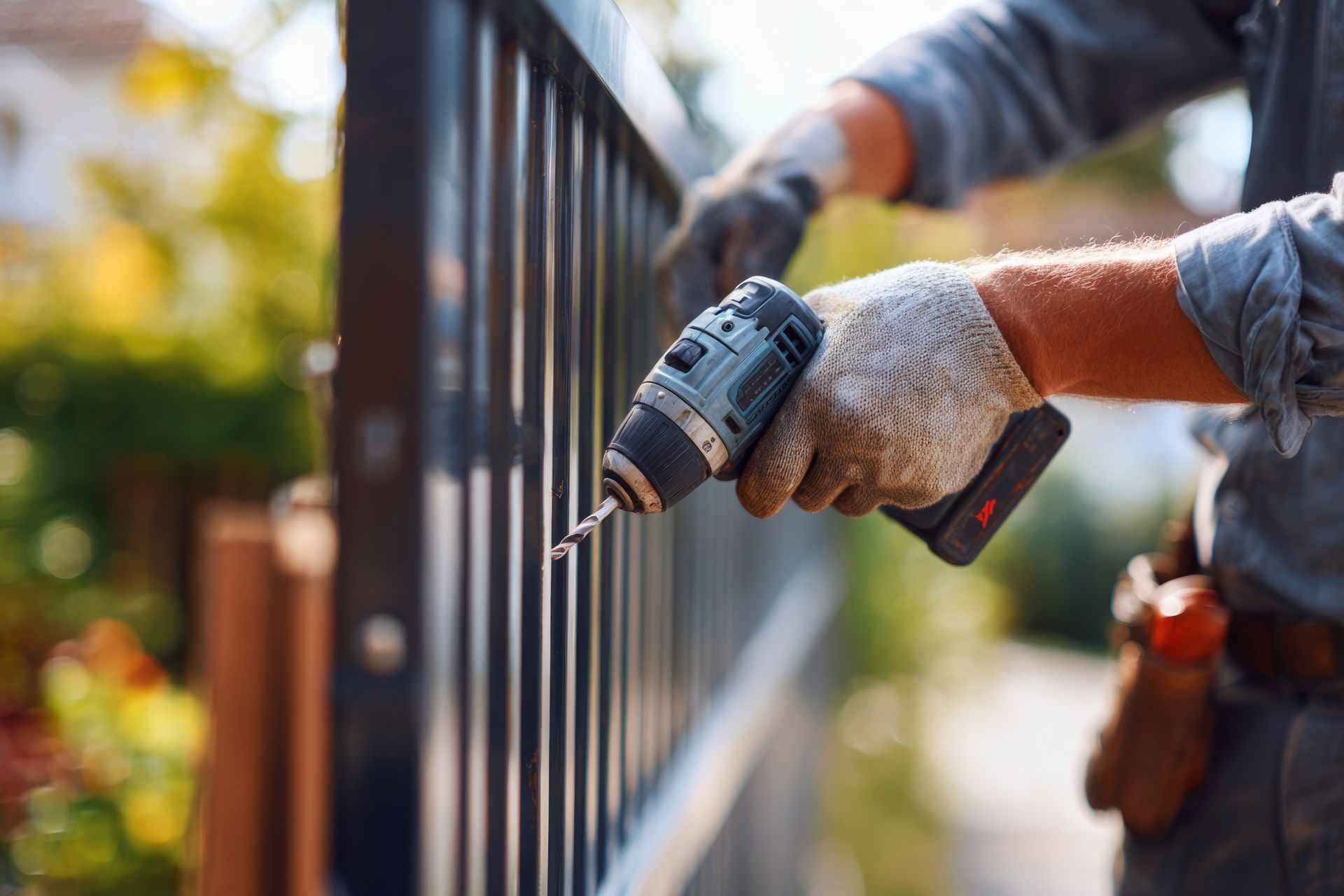 Worker uses a power drill on a metal gate for professional fencing services and installation.