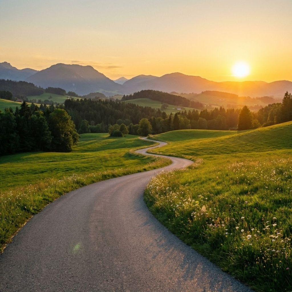 Rechtliche Hinweise & Abgrenzung Landschaft bei Sonnenuntergang – Symbolbild für Naturverbundenheit und Abschied