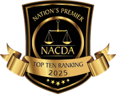 Black-and-gold NACDA award badge reading “Nation’s Premier,” “Top Ten Ranking 2025” and scales icon