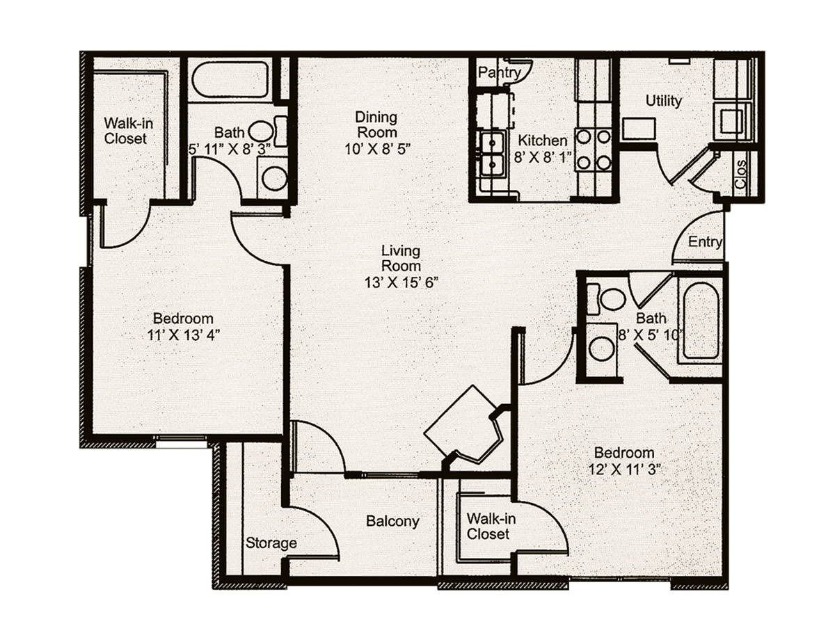 Floor plan of a two-bedroom apartment, showing rooms and dimensions.