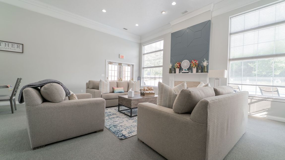 Living room with couches, rug, and fireplace near windows. Neutral colors and natural light.