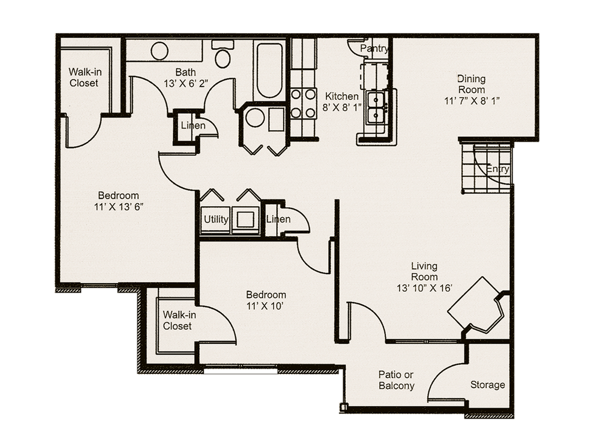 Floor plan of an apartment with two bedrooms, a kitchen, living room, and balcony.