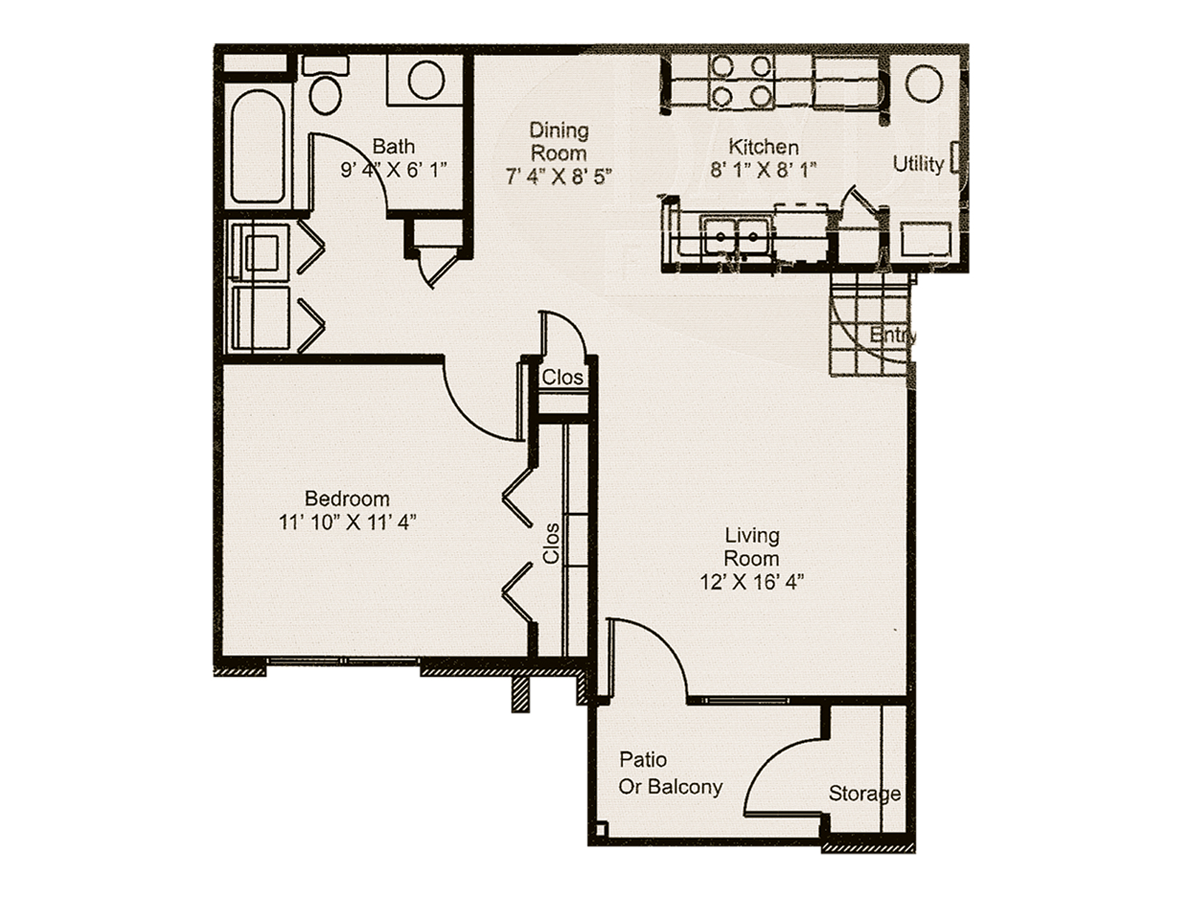 Floor plan of an apartment with a bedroom, living room, kitchen, dining room, bathroom, and balcony.