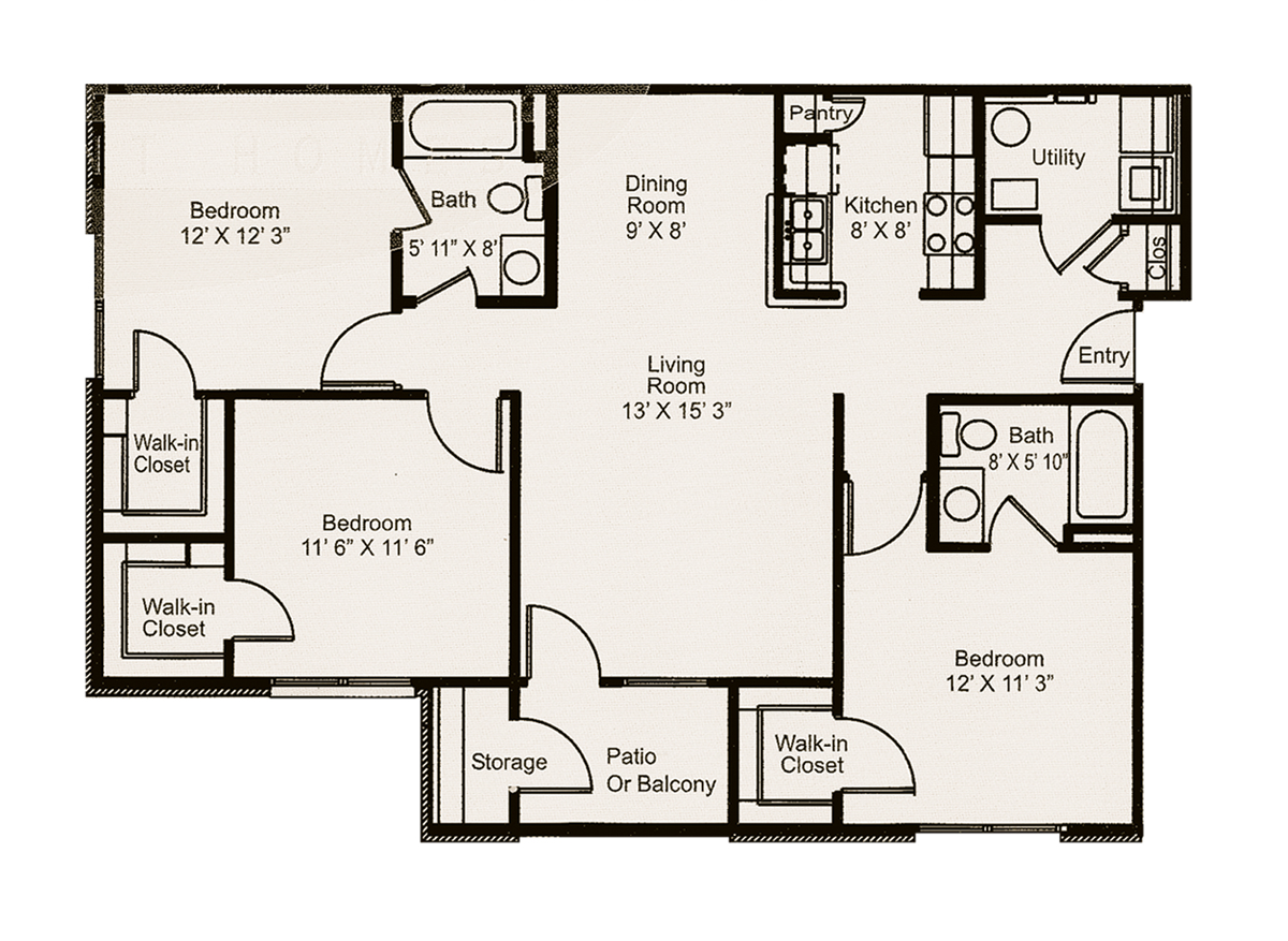 Floor plan of a three-bedroom apartment, showing rooms and dimensions.