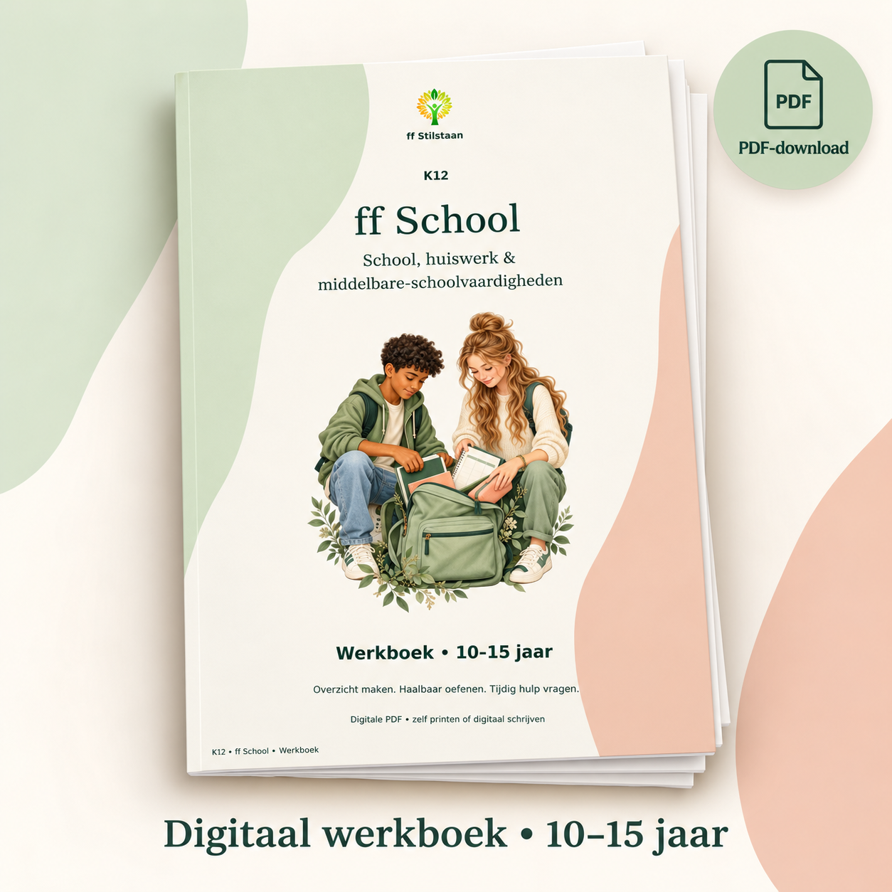 Productpresentatie van ff School, digitaal werkboek voor 10–15 jaar.