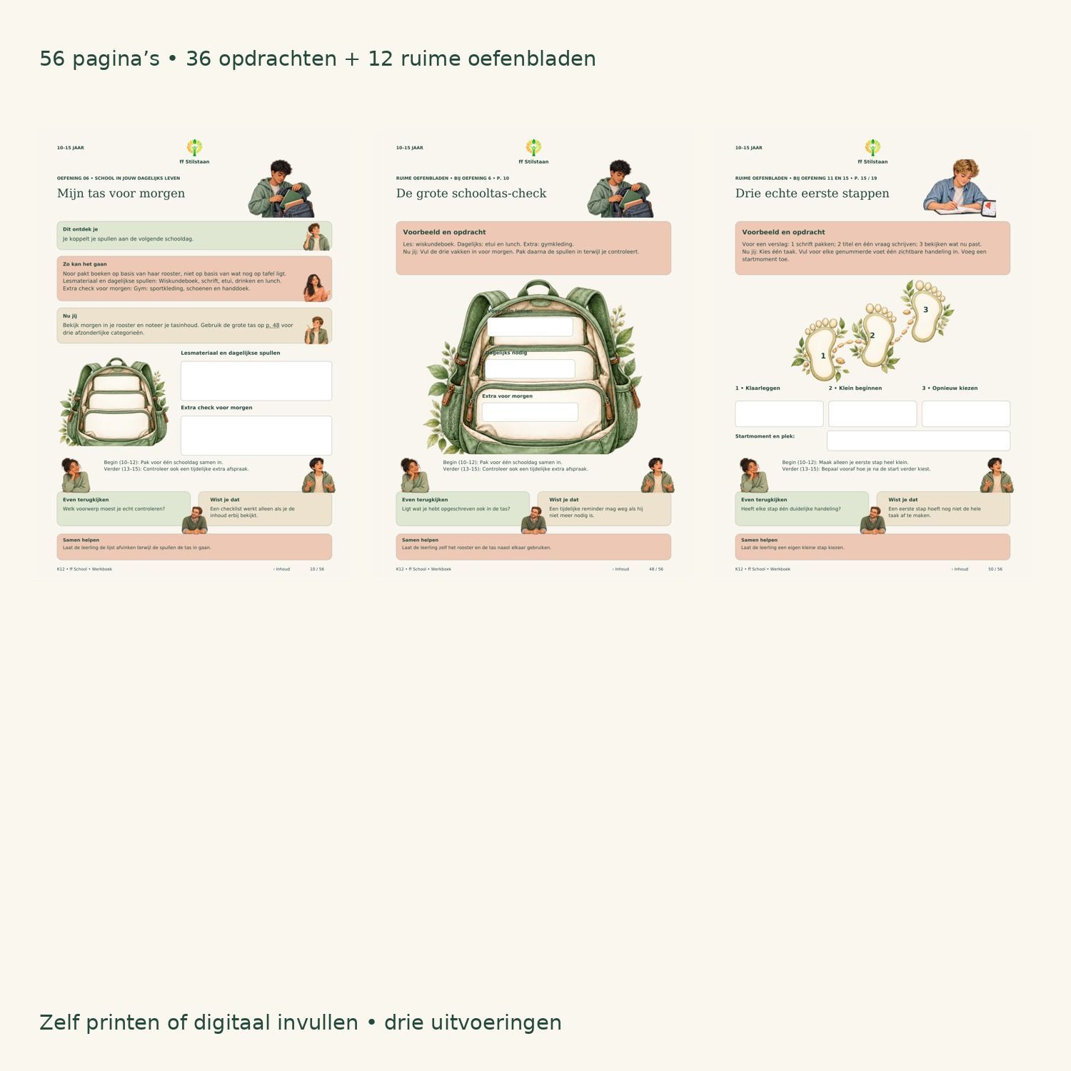 Productpresentatie van ff School, digitaal werkboek voor 10–15 jaar.