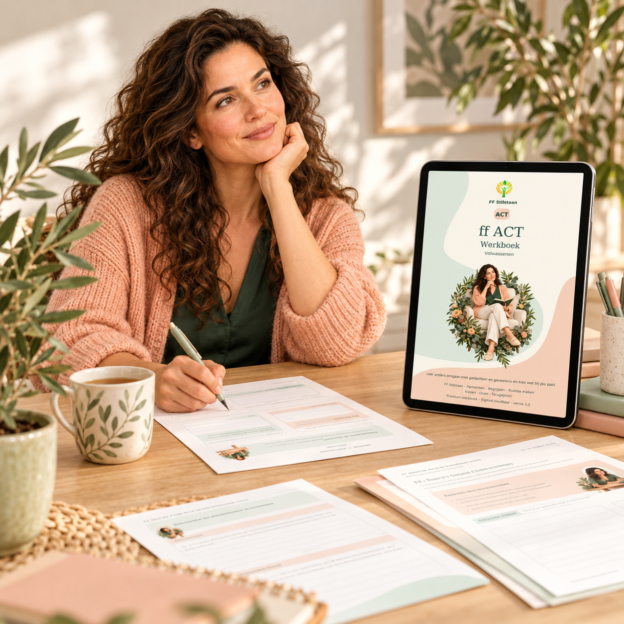 Digitaal ACT-werkboek voor volwassenen van FF Stilstaan, met tablet en oefenbladen.