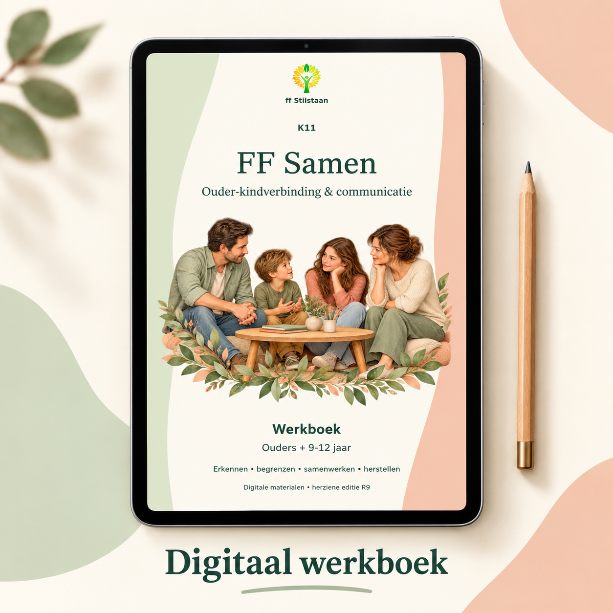 Productpresentatie van FF Samen, digitaal werkboek voor ouders en kinderen van 9–12 jaar.