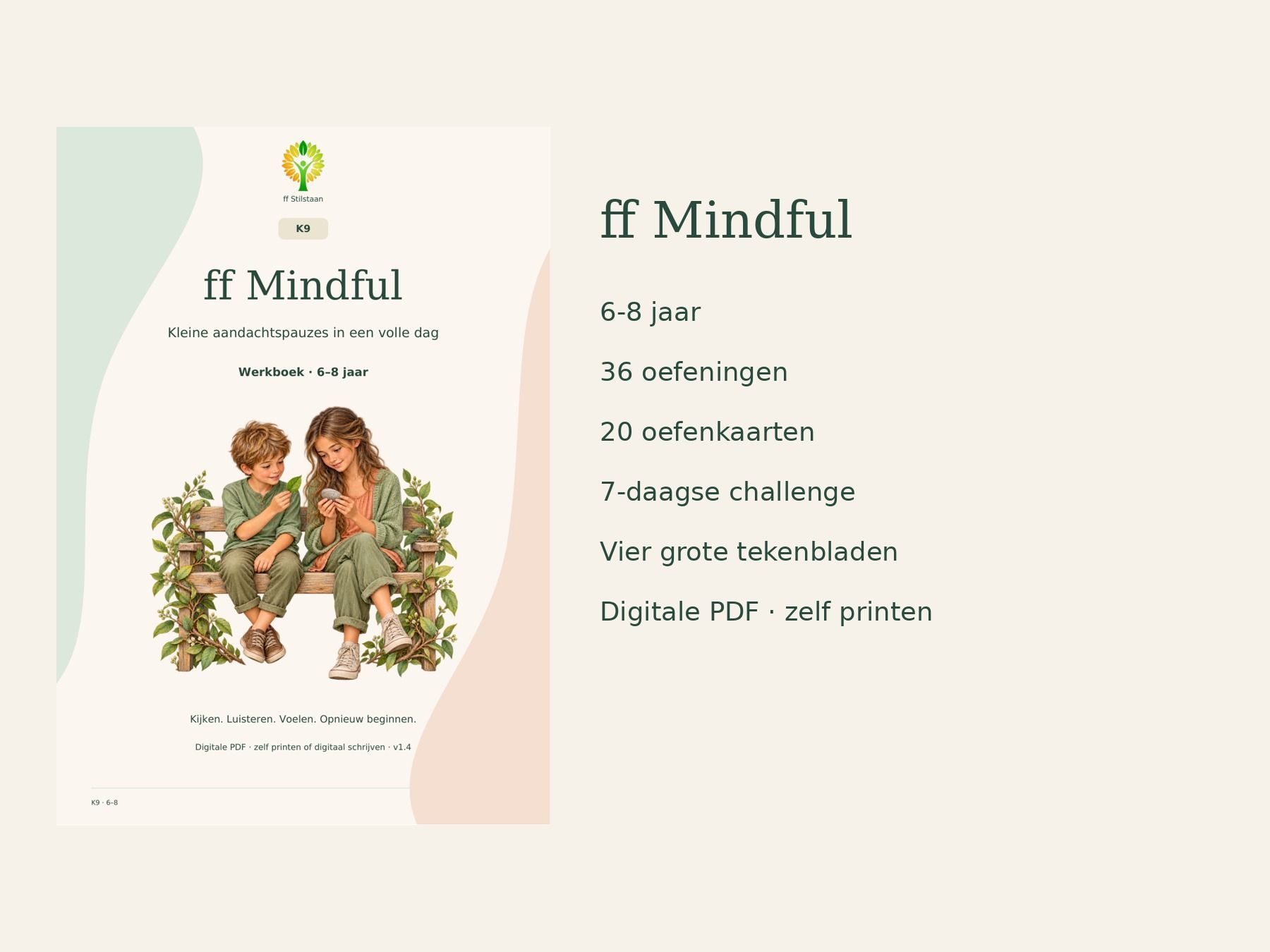 K9 ff Mindful voor 6–8 jaar: kaft en overzicht van het digitale PDF-pakket met oefeningen, kaarten, challenge en tekenbladen.