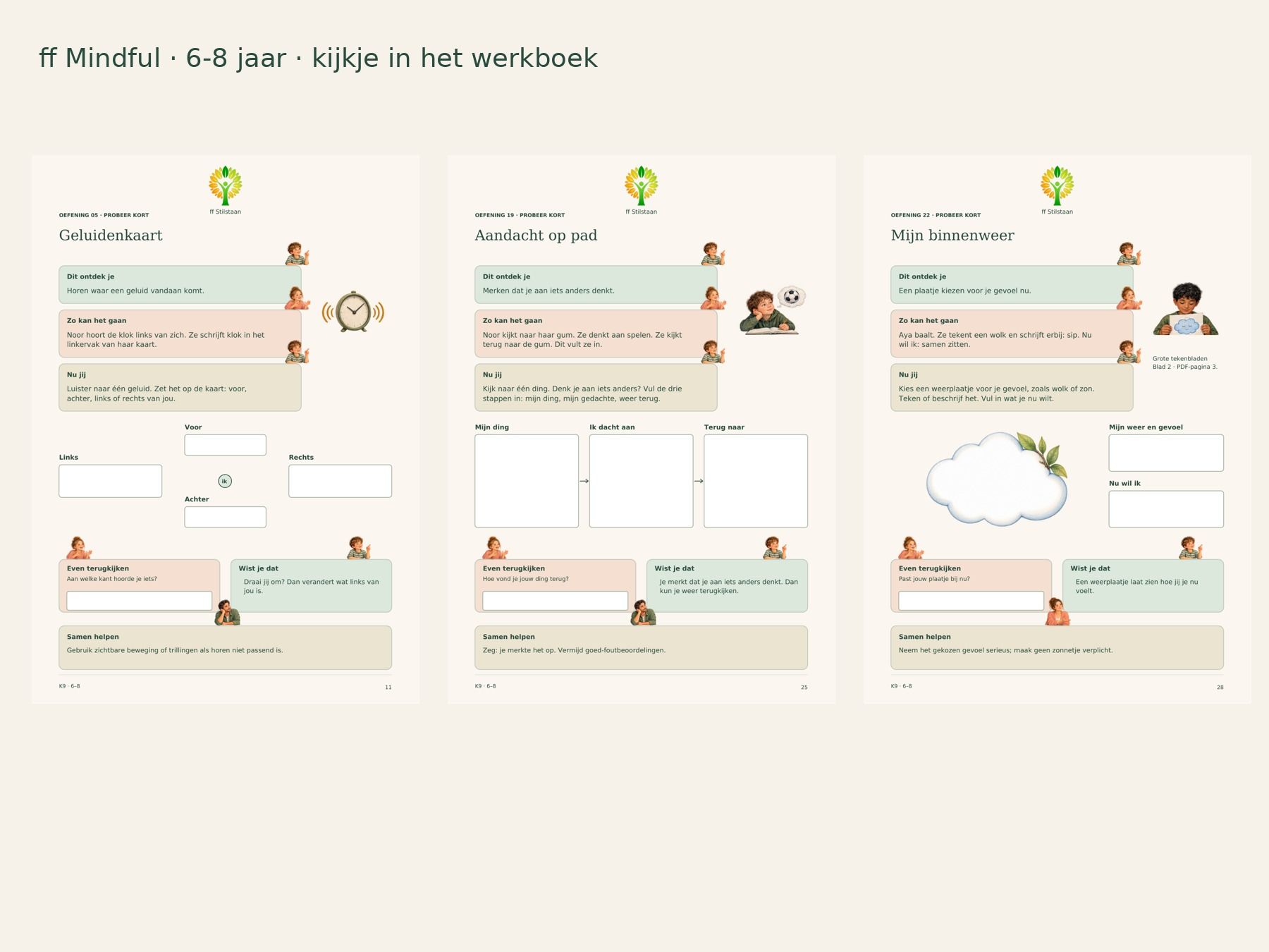 K9 ff Mindful voor 6–8 jaar: kaft en overzicht van het digitale PDF-pakket met oefeningen, kaarten, challenge en tekenbladen.