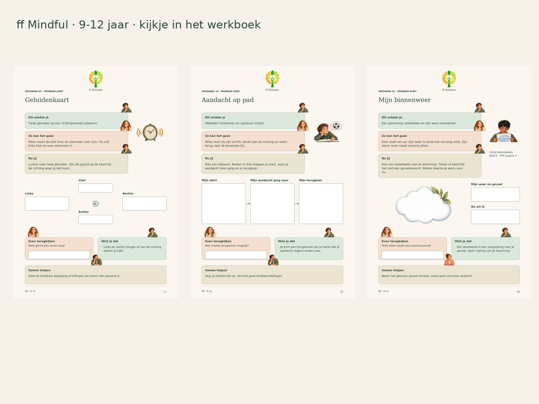 K9 ff Mindful voor 9–12 jaar: kaft en overzicht van het digitale PDF-pakket met oefeningen, kaarten, challenge en tekenbladen.