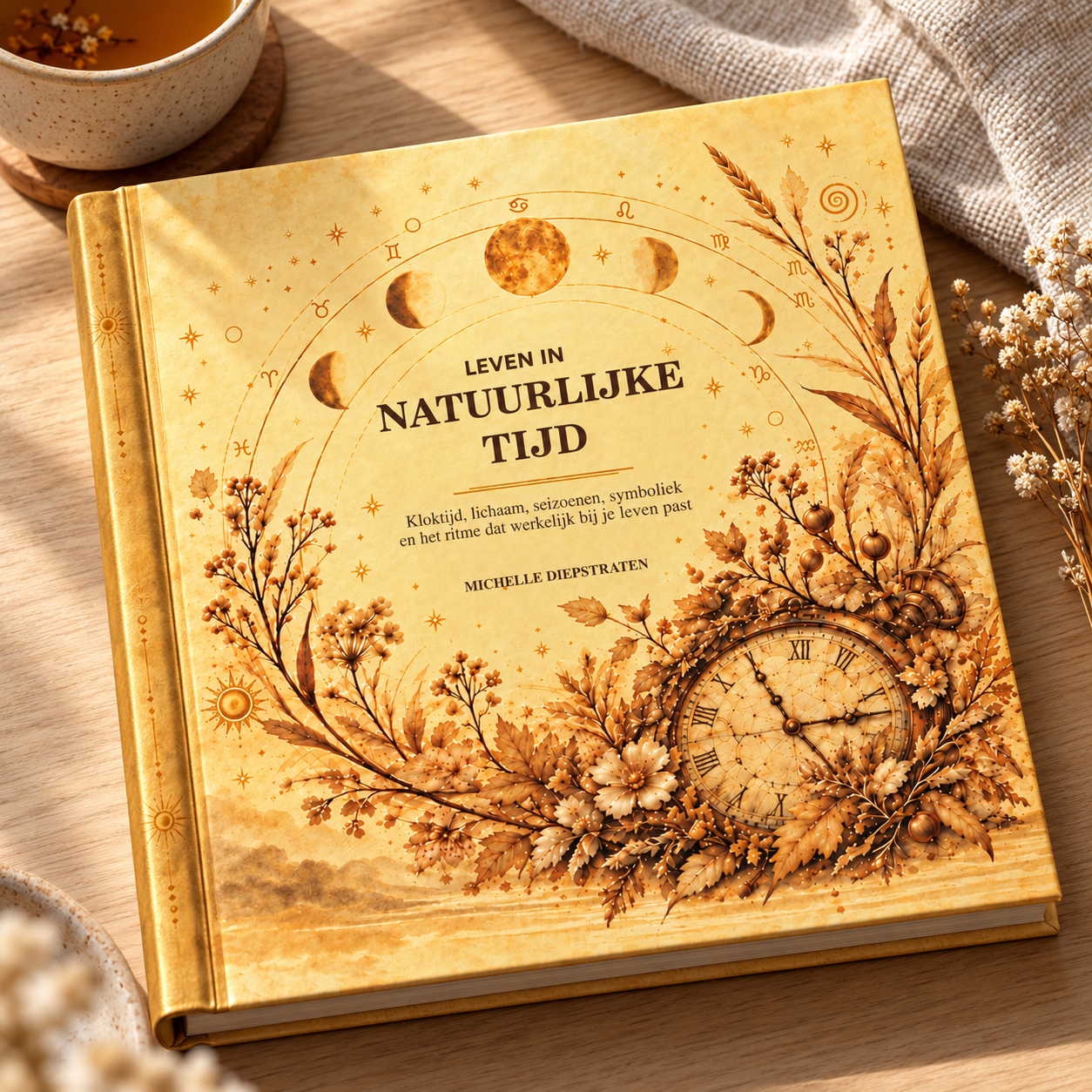 Omslag van Leven in natuurlijke tijd van Michelle Diepstraten, met gouden natuursymbolen.