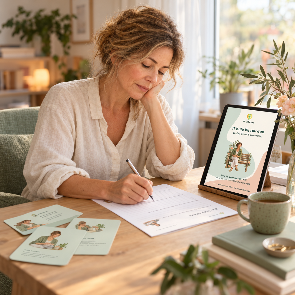 Een vrouw schrijft rustig in het werkboek ff hulp bij rouwen, met een tablet en werkbladen aan tafel.