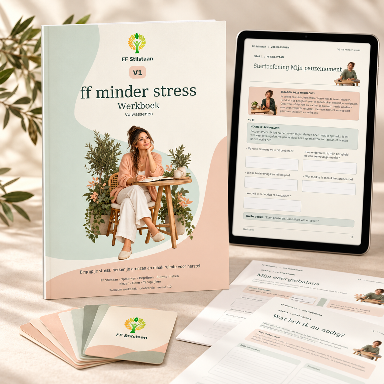 V1 ff minder stress: werkboek voor volwassenen met een digitaal invulvoorbeeld op een tablet.
