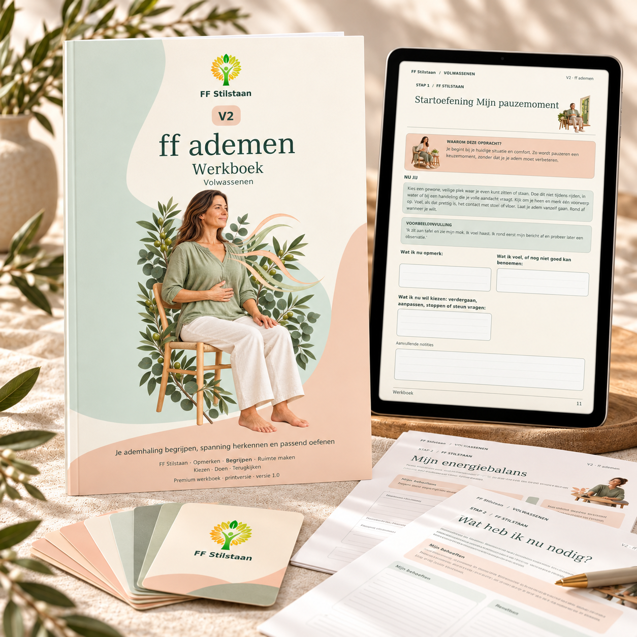 V2 ff ademen: werkboek voor volwassenen naast een tablet met een oefenpagina.