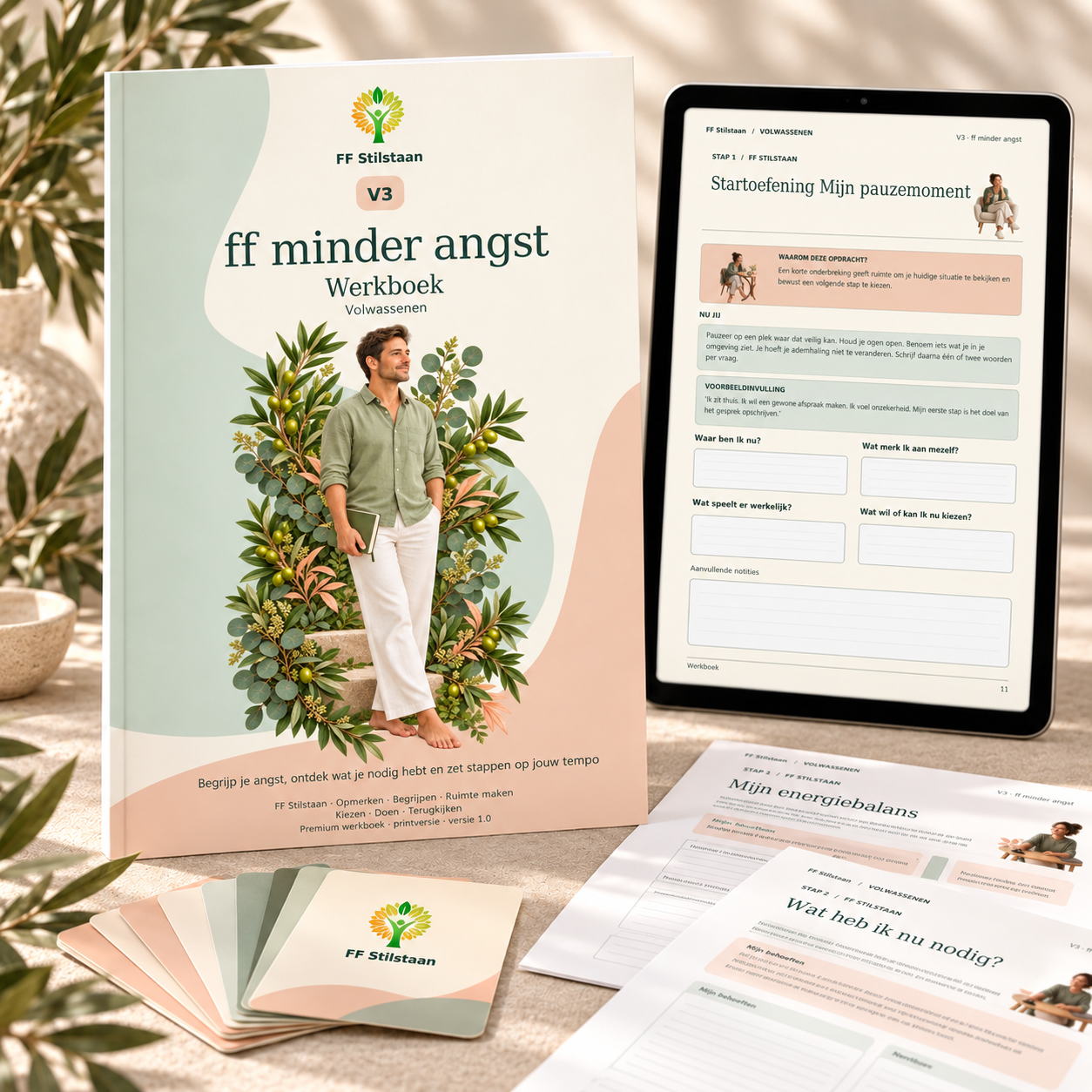 V3 ff minder angst: werkboek voor volwassenen met een digitale oefenpagina op een tablet.