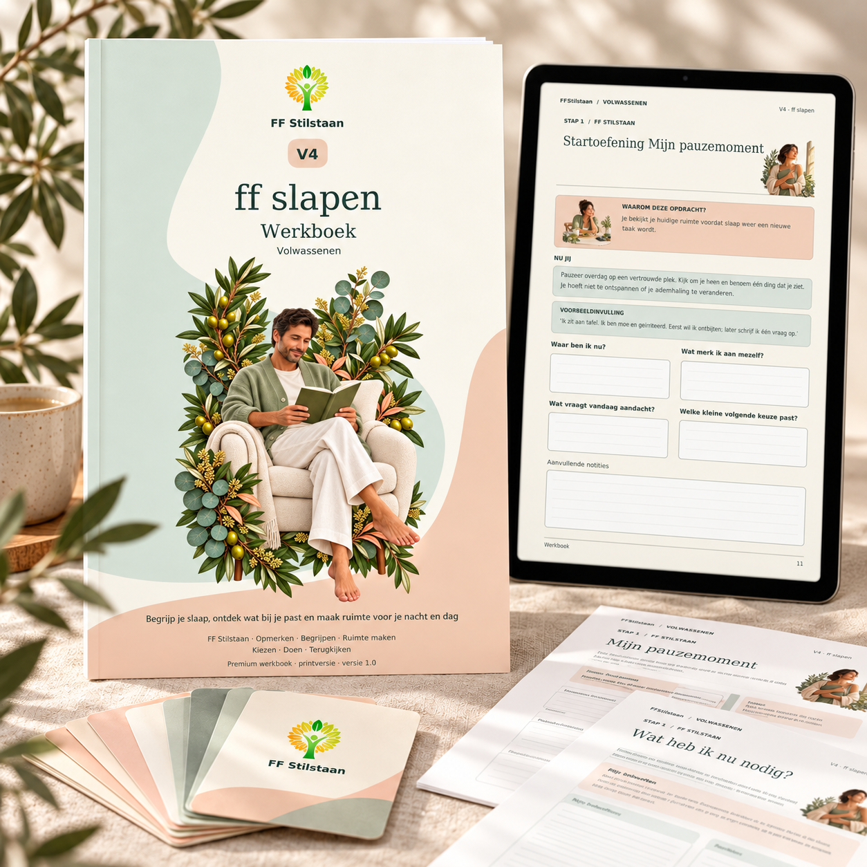 V4 ff slapen: werkboek voor volwassenen naast een tablet met een oefenpagina.