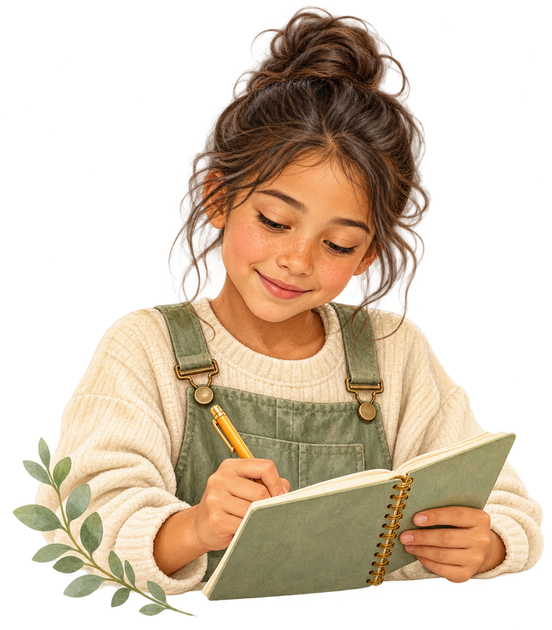 Kinderillustratie: schrijft een kleine actie op