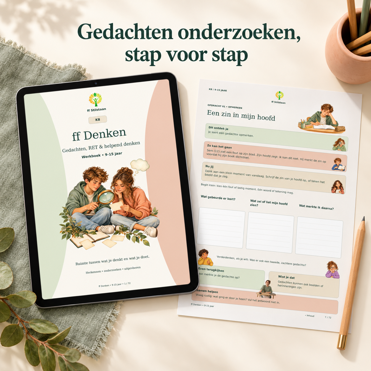 Sfeerimpressie van ff Denken met een tablet en oefenblad.
