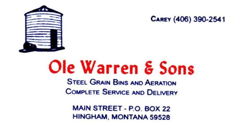 Logo for Ole Warren & Sons, steel grain bins and aeration, with Carey phone number and Hingham, Montana address