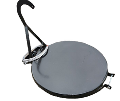 Black circular animal snare trap with a hooked handle and metal clasp on white background