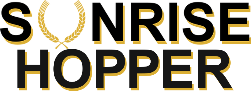 SUNRISE HOPPER logo in black and gold with a wheat wreath forming the O