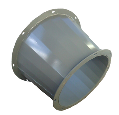 Gray metal duct pipe connector with flanged ends on a white background