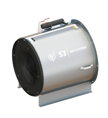 Gray cylindrical industrial air blower with black fan housing and handle on top, shown on a white background