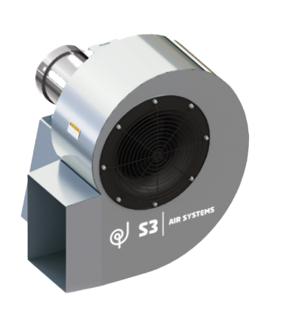 Silver industrial blower fan with black front grille and S3 Air Systems logo