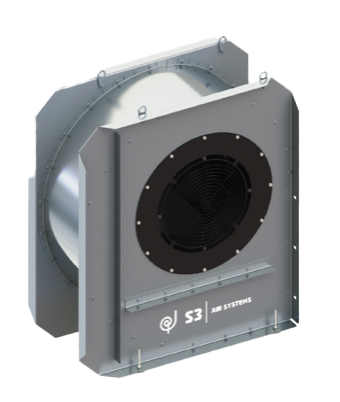 Gray industrial ventilation fan unit with a circular black grille and metal housing.
