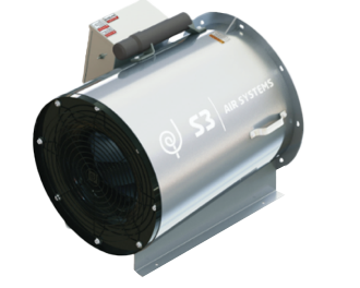 Silver industrial blower fan with black front grill and handle on top
