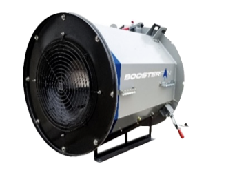 Portable industrial fan with black front grille and gray housing on a stand