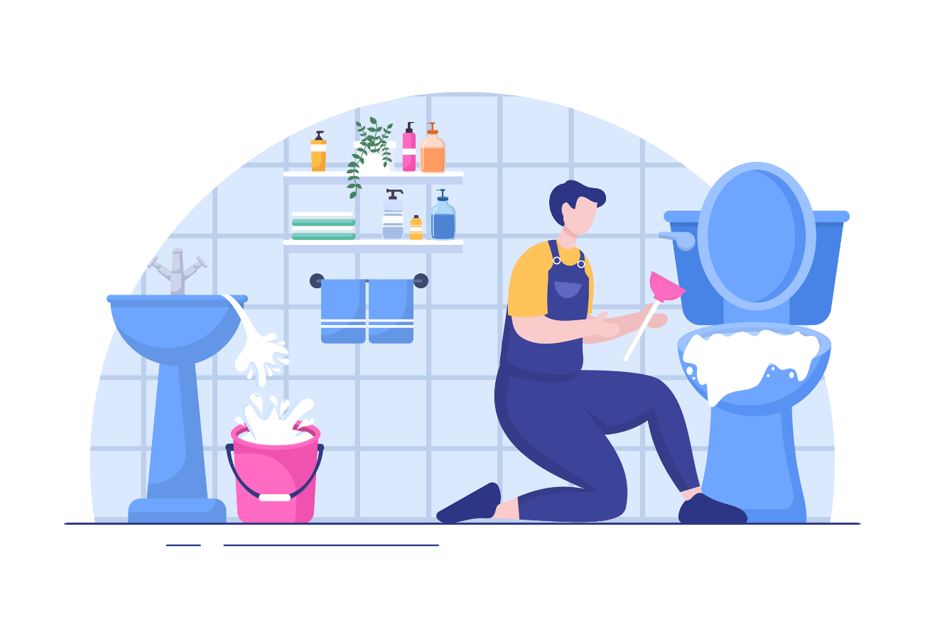 A man is cleaning a toilet in a bathroom with a plunger.