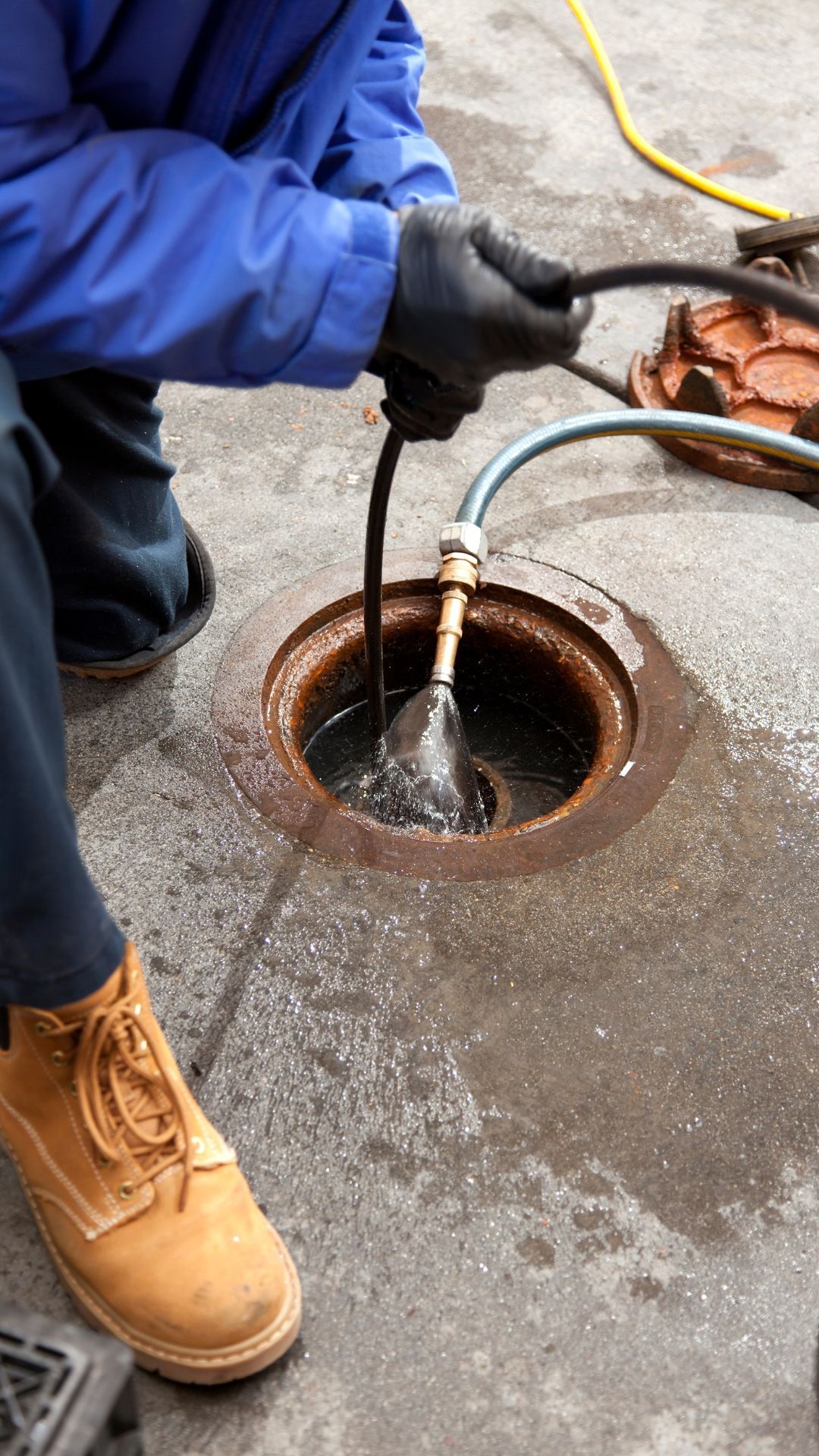 A man is cleaning a manhole cover with a hose.