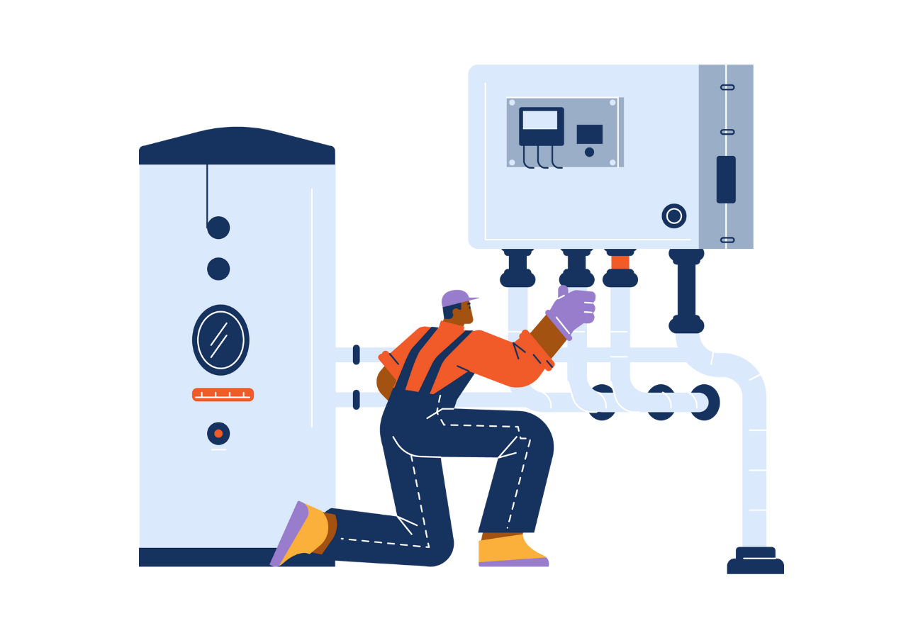 A man is kneeling down and working on a machine.