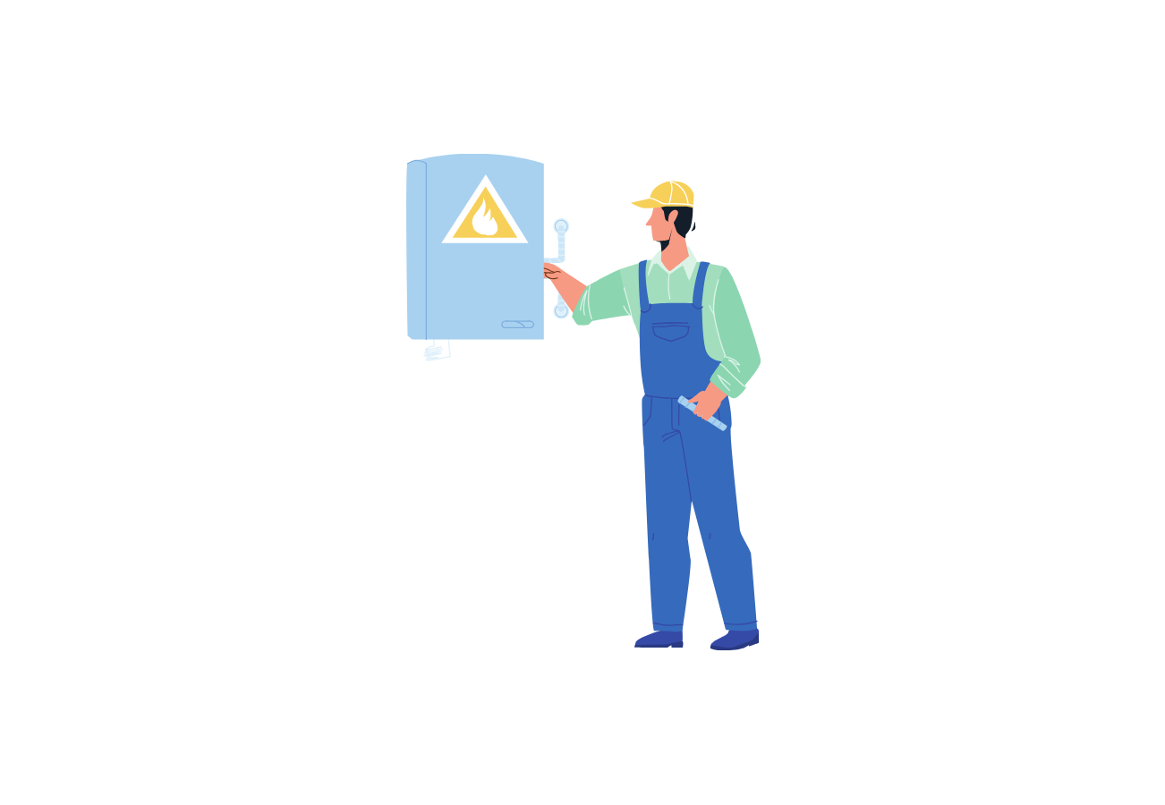 A man in blue overalls is holding a wrench and a sign.