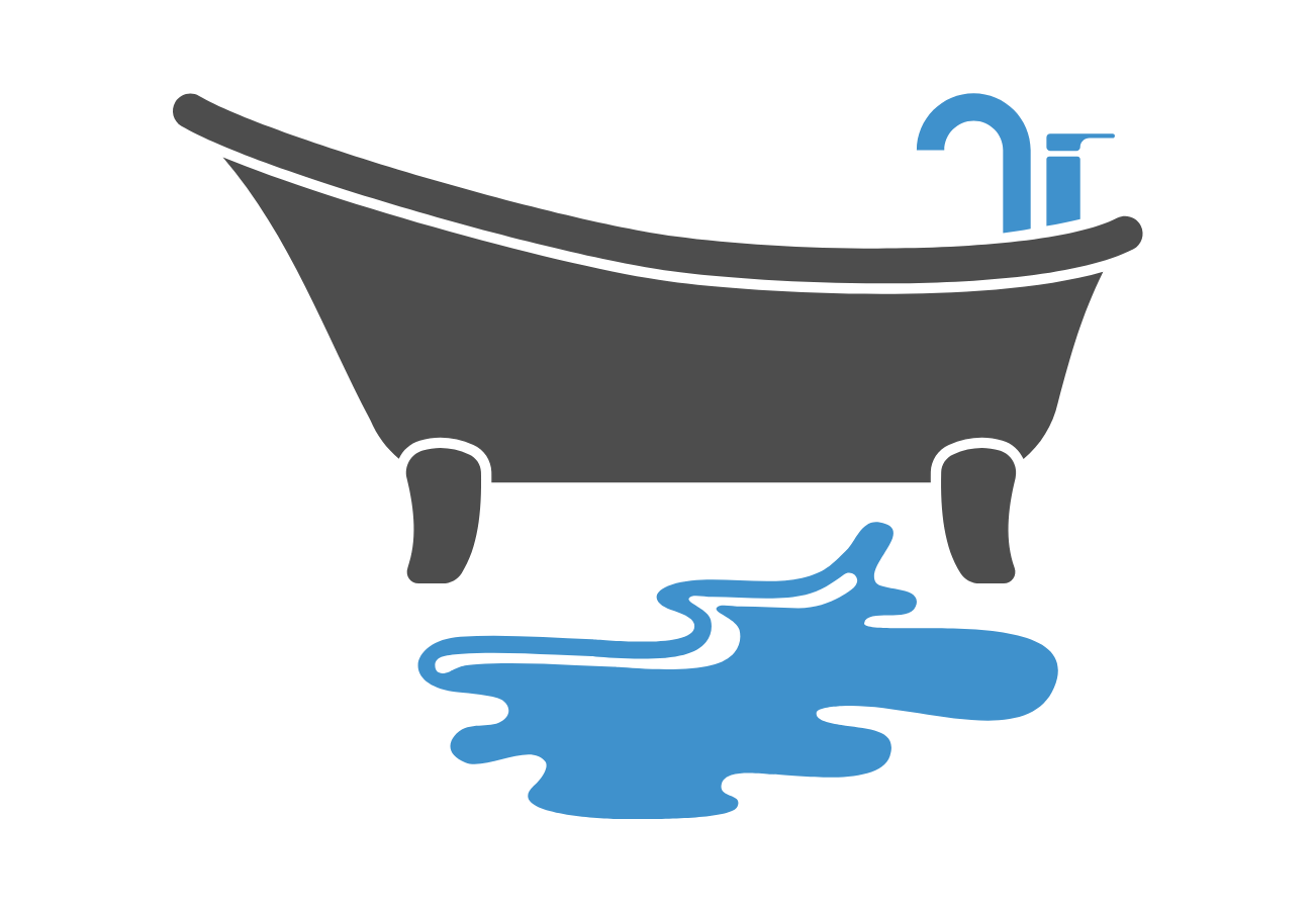 A bathtub with water leaking out of it and a faucet.