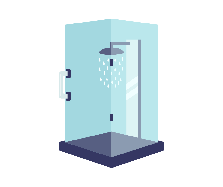 A shower stall with a shower head and a glass door.