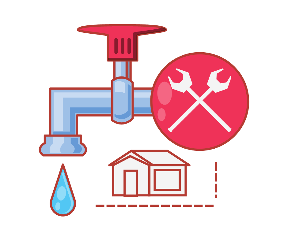 A faucet with a drop of water , a house , and a wrench.