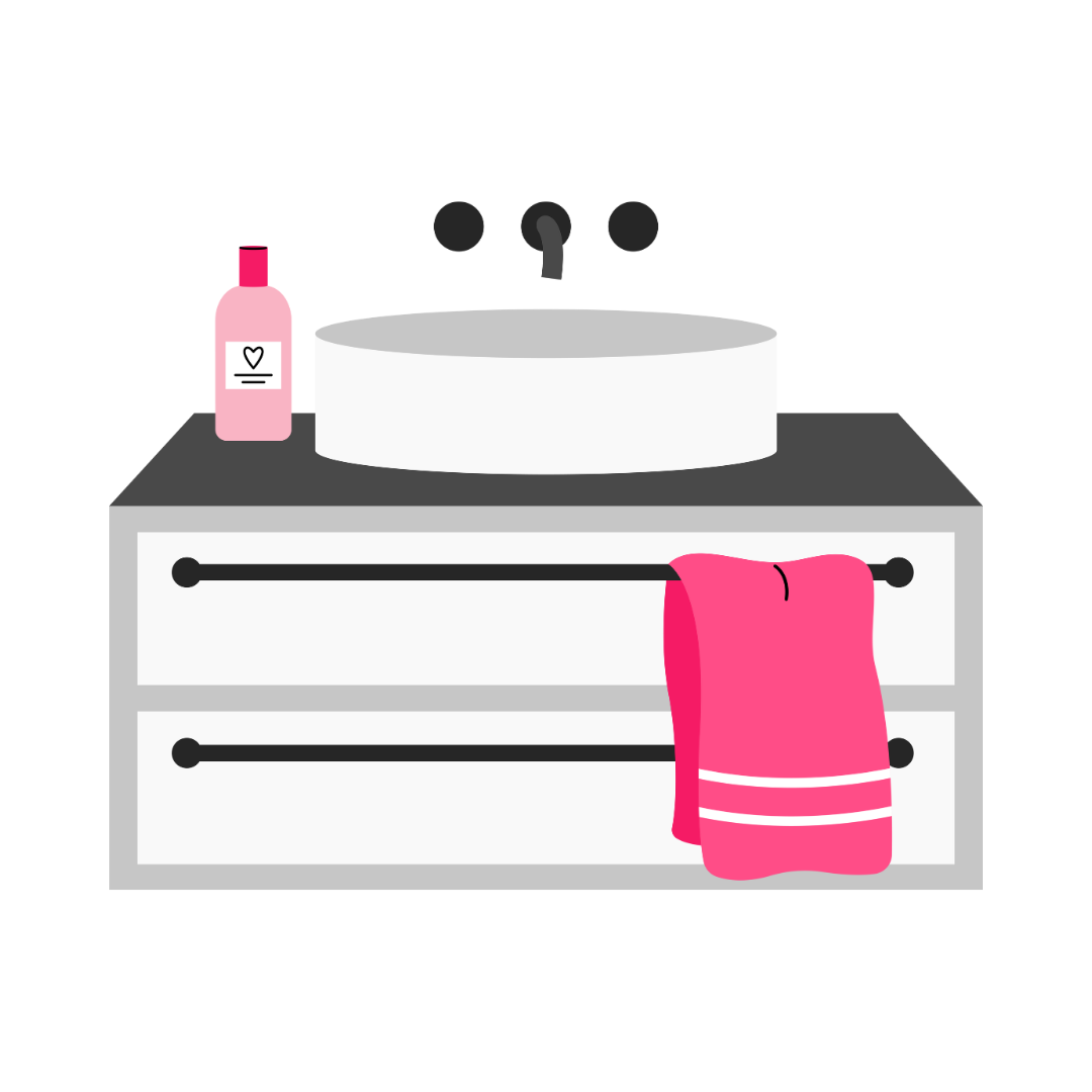 A bathroom sink with a pink towel and a bottle of lotion.