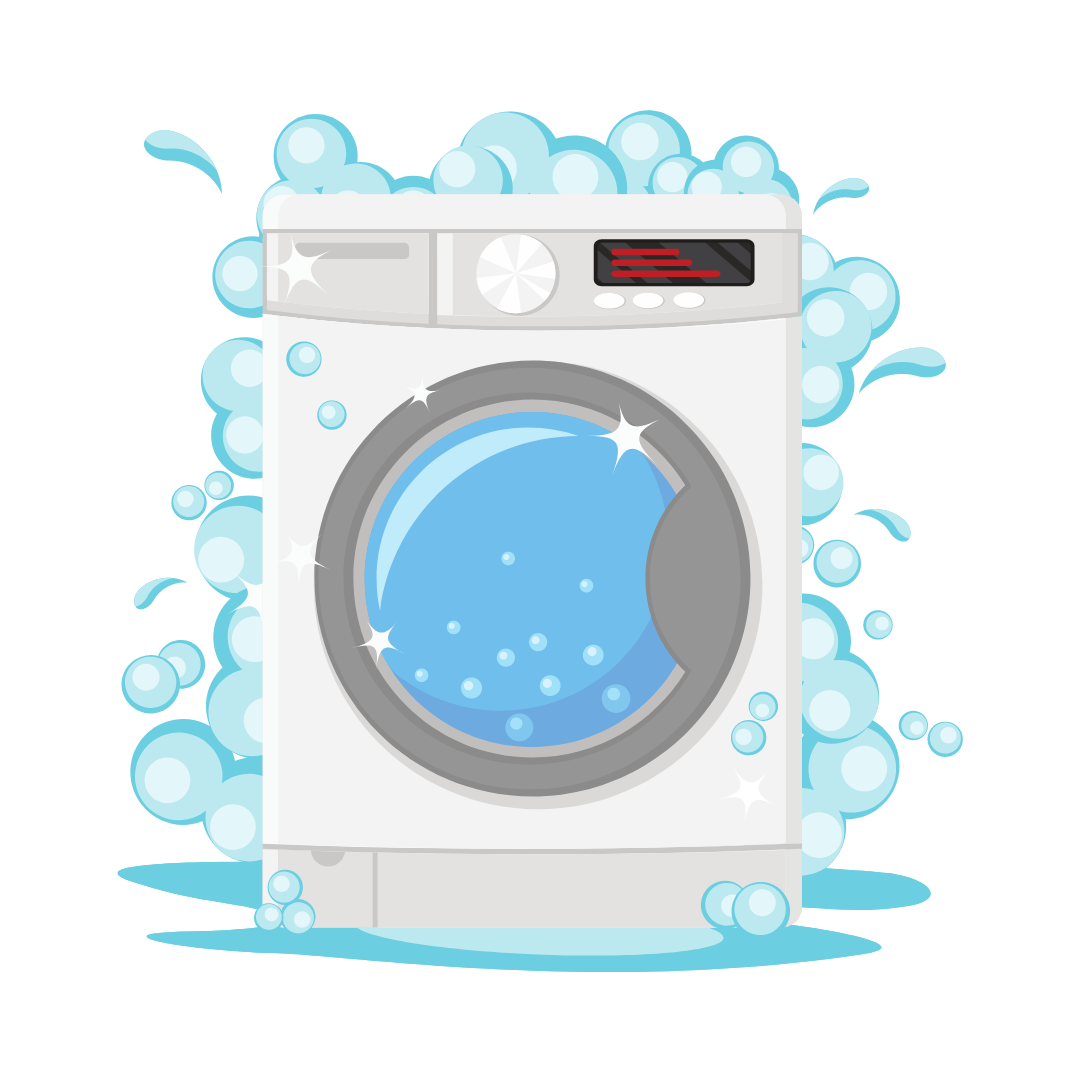 A washing machine is surrounded by soap bubbles on a white background.