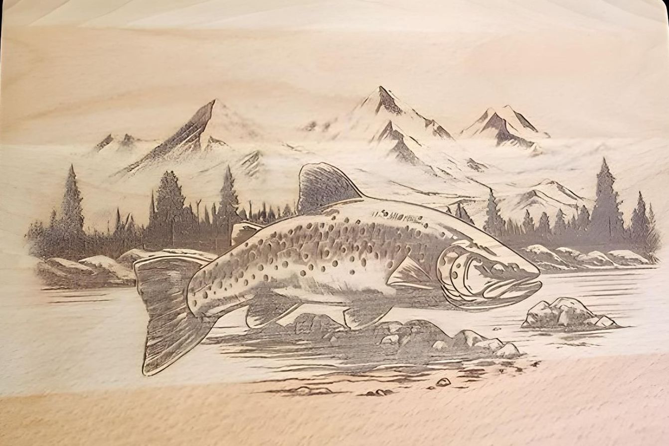 A Wooden Cutting Board With a Picture of a Fish and Mountains on It — Bigfoot Customs In Taree, NSW