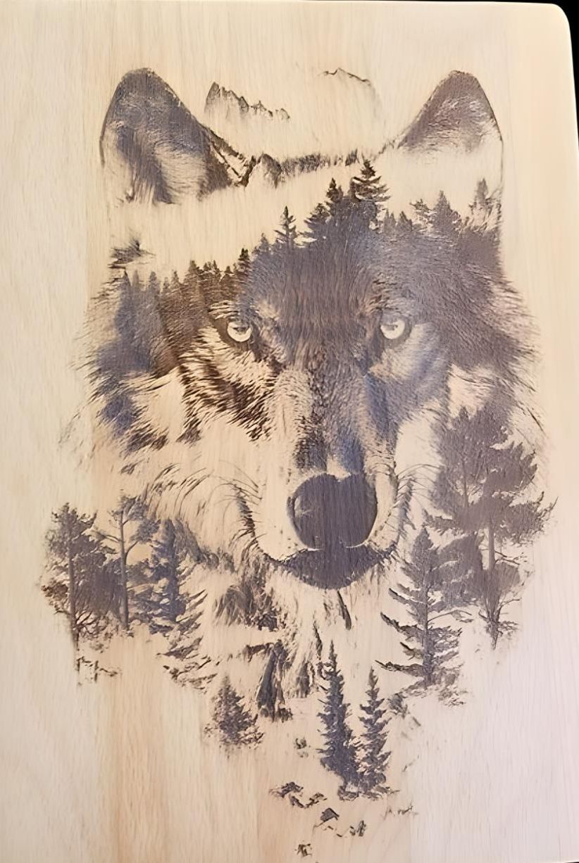 A Wooden Picture of a Wolf With Trees in the Background — Bigfoot Customs In Taree, NSW