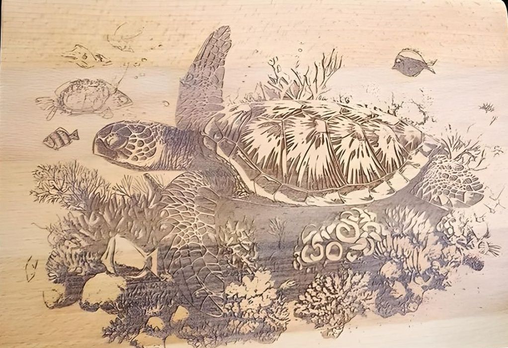A Wooden Cutting Board With a Picture of a Sea Turtle on It — Bigfoot Customs In Taree, NSW