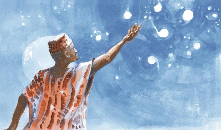 A painting of a man blowing bubbles in the air