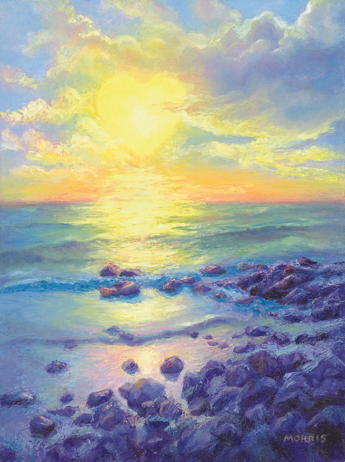 It is a painting of a sunset over the ocean.