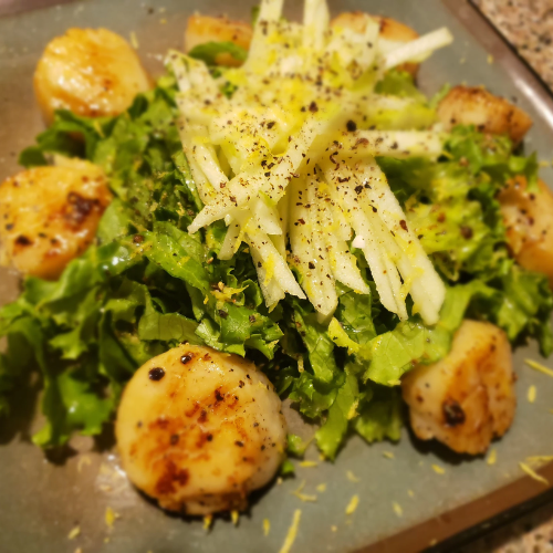 Seared scallops on a green salad with shaved cheese and black pepper in a square plate