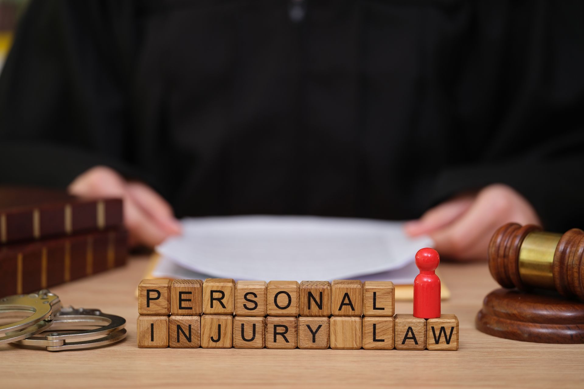Personal injury law blocks with toy figure, judge’s gavel, and legal books on a desk