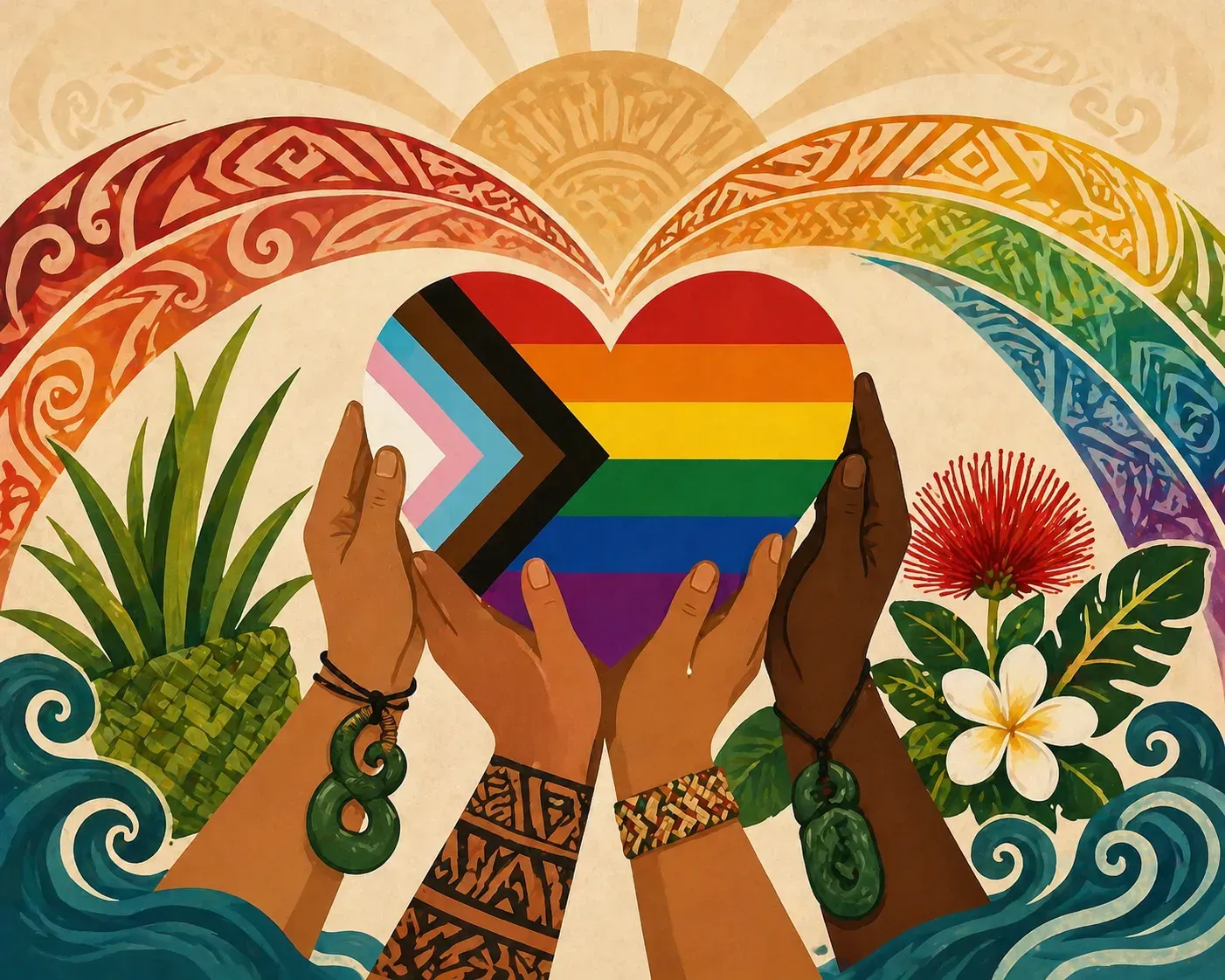 An illustration of four hands of different skin tones, two wearing green pendants, holding up a heart in progress pride flag colours, with patterned rainbow arcs, leafy plants and ocean waves around it