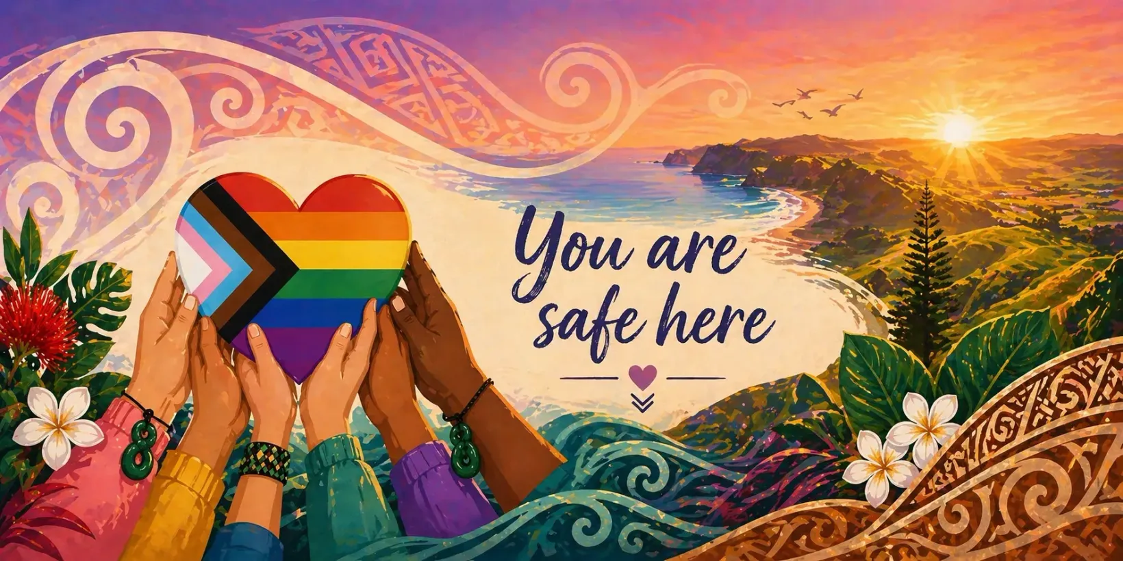 A painted illustration of five hands of different skin tones holding up a progress pride flag heart in front of a coastal landscape at sunrise, with the words You are safe here